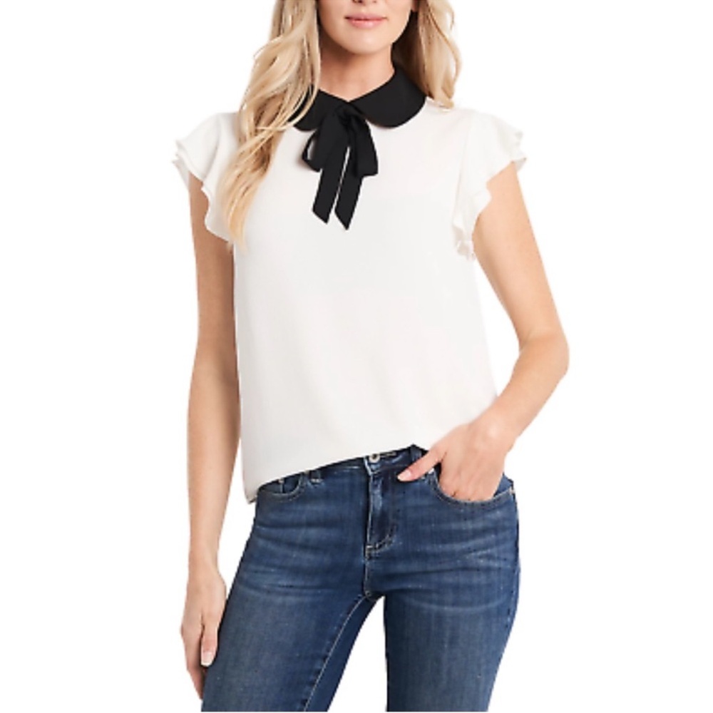 CeCe Women's White Blouse with Black Collar Medium